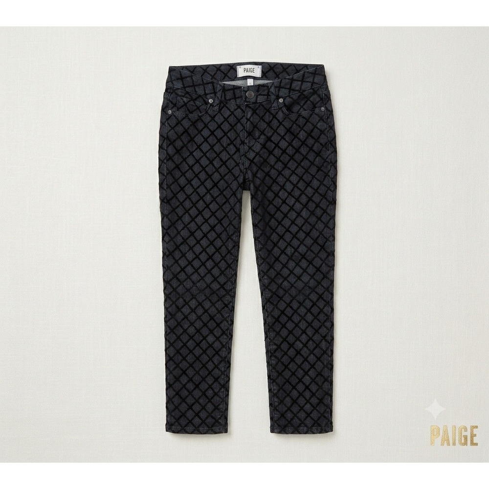 Paige Hoxton Ankle Skinny Jeans Black Charcoal Diamond Flocked Denim Size 26